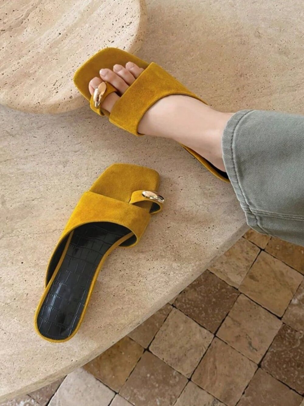 Yellow Women's French Open Toe Mule Sandals